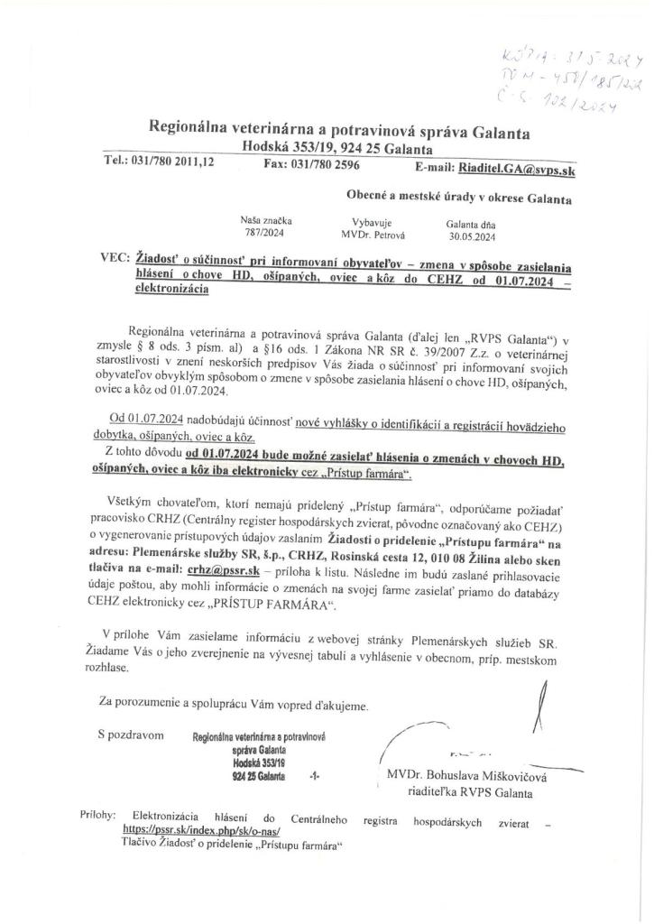 Zmena v spôsobe zasielania hlásení o chove HD