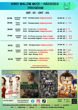 Program kina Malom Mozi (Nádszeg/Trstice): 24. septembra – 4. októbra